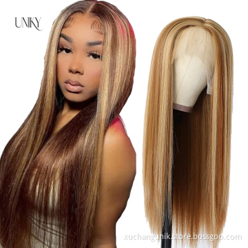 Uniky 100% remy hair,ombre honey brown color highlighted human hair hd full lace wigs,613 blonde black highlight lace front wig